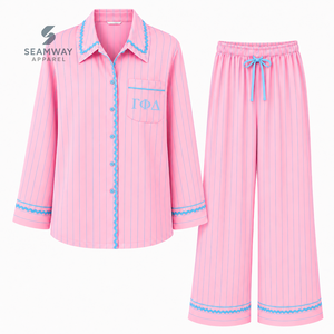 Ensemble de pyjama rayé pour femmes Gamma Phi Delta, pyjama à manches longues boutonné sur le devant, pyjama de détente avec bordure contrastée et pantalon à cordon de serrage - Product Image 1