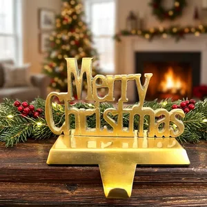 Gold Merry Christmas Stocking Holder Metal Fireplace Mantel <b>Hanger</b> Decorative Christmas Sign with Hook Festive Holiday Home Deco - Product Image 4
