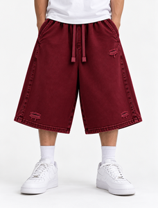 Burgundy Double Waist 3/4 Sweat <b>Shorts</b> with <b>White</b> Drawstrings Oversized Streetwear ganymede international - Product Image 4