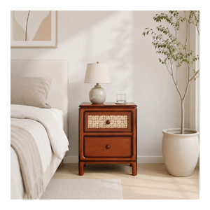 Table de chevet élégante en bois avec 2 tiroirs, table de nuit avec façade en rotin, meuble de rangement moderne pour chambre à coucher, décoration intérieure - Product Image 1