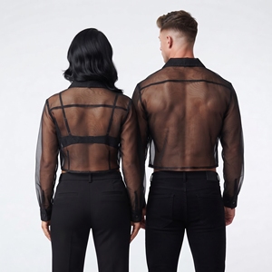 Camisa Corta Sexy de Malla Transparente, Manga Larga, Cuello Camisero, Botones, Blusa de Fiesta, 100% Poliéster, Camisas Cortas Transparentes Unisex - Product Image 2