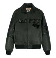 Chaqueta Bomber de Cuero Negra para Hombre Avirex, Impermeable, Resistente al Viento, Diseño con Parche de Logotipo en Relieve, Cuello Camisero, Corte Regular