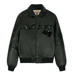 Avirex Fahion <b>Men's</b> Black <b>Leather</b> Bomber <b>Jacket</b> Embossed Logo Patch Design Turn-down Collar Regular Fit Moto Style - Product Image 1