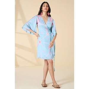 Robe d'été décontractée pour femme, bleu ciel, tie-dye, col en V, manches kimono, longueur genou - Product Image 1