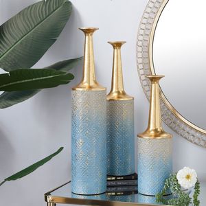 <b>Blue</b> Gold Patterned Decorative Vase Ensemble Contemporary Accent For Upscale Environment Radiance - Product Image 1