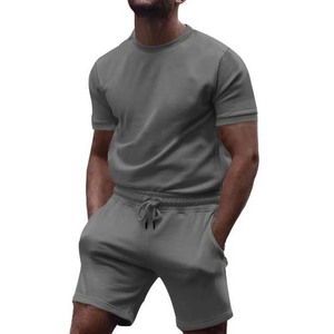 Men's 2 Piece Cotton Summer Set Crew Neck Solid Color Knitted Breathable Casual Shorts and T-Shirt Set - Product Image 5