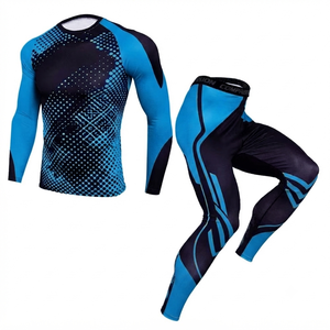 Custom Men's Training Tracksuit Blue Black Long Sleeve Rash Guard Base Layer Tights Fitness Gym Workout Activewear <b>Athletic</b> Wear - Product Image 1