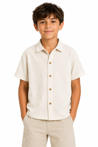 Kids Beige Textured Shirt Casual Short Sleeve Button Down Top Premium Quality Cotton Blend Shirt Stylish Collared Design Soft - Product Image 1