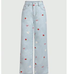 Jeans de Pierna Ancha Bordados Personalizados para Mujer, Pantalones Vaqueros Rectos de Cintura Alta, Moda Y2K, Fabricante Mayorista OEM ODM - Product Image 3