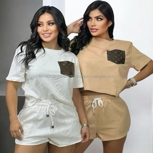 Jacquard Knit Cotton Spandex Women's Y2K 2-Piece Shorts & <b>Top</b> T-shirt Set for Summer Outdoor & Beachwear Wholesale in Stock - Product Image 2