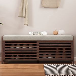 Panca portaoggetti con tapparelle in stile retrò con impiallacciatura di Acacia per soggiorno e ingresso - Product Image 2