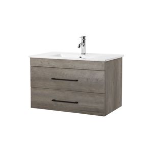 Mobile Bagno Moderno da 32 Pollici Grigio Effetto Legno Sospeso con Doppio Cassetto, Sistema Soft-Close e Lavabo in Ceramica Bianca - Product Image 1