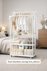 <b>White</b> Double Tier Metal <b>Clothing</b> <b>Rack</b> with Wheels for Children's Room Storage and Toy Organization - Product Image 6