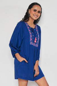 Premium Quality Floral <b>Women's</b> Blue Loose <b>Tunic</b> <b>Dress</b> Crew Neck Lantern Sleeve Solid Casual Mini Summer <b>Dress</b> - Product Image 4