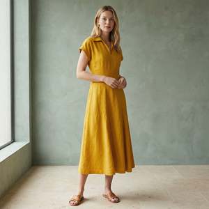 Hermoso Vestido Midi Amarillo de Algodón y Lino con Paneles en Línea A para Mujer, con Tela Ligera, Estilo Moderno y Ajuste Cómodo - Product Image 6