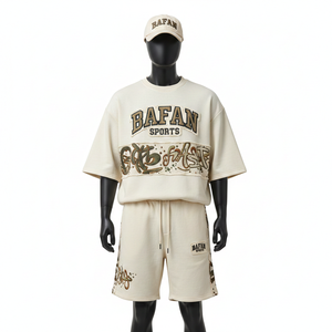 Ensemble de survêtement en molleton de coton français de haute qualité pour hommes, tissu respirant, design à panneaux de couleur beige, logo brodé appliqué - Product Image 6