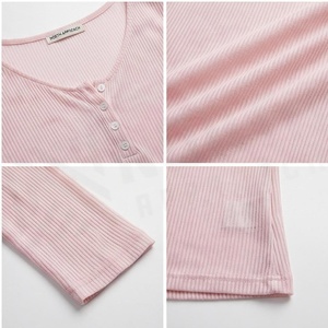 <b>Pink</b> Ribbed <b>Long</b> <b>Sleeve</b> Scoop Neck <b>Top</b> With Button Closure Breathable Women's Sportswear - Product Image 4