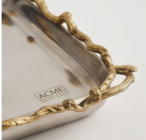 Artisanal ACME METAL INDIA Polished Silver <b>Serving</b> <b>Tray</b> With <b>Gold</b> Twisted Edge Elegant Rectangular Design For Residential Use - Product Image 2