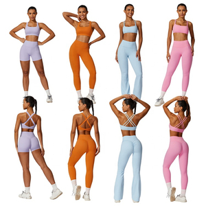 Ensemble de vêtements de yoga pour femmes, tenue de sport active avec soutien-gorge et pantalon côtelé à poches, effet push-up fessier, pour la course et le yoga - Product Image 1