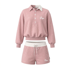 2026Women's Custom logo Two-piece <b>Sets</b>: Color-blocked Turn-down Neck Sweatshirts and Shorts Setsp Casual Long-sleeve <b>Set</b> - Product Image 3