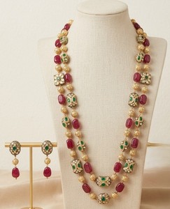 Luxury <b>Ruby</b> Jade Gemstone Long <b>Necklace</b> Set Gold Plated Kundan Polki Beaded Statement Matching Earrings Women - Product Image 1