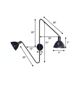 Modern dual arm <b>wall</b> <b>sconce</b> with a sculptural black metal frame and two adjustable cone shades Its asymmetrical silhouette adds - Product Image 2