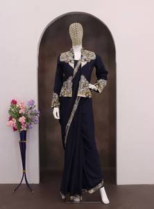 Sari de Seda de Diseño 2026 Listo para Usar con Blusa con Espejos y Capa Étnica Indo-Occidental, Conjunto de 3 Piezas para Mujer, Ropa de Boda de Invierno - Product Image 4