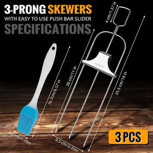 Juego de 3 Brochetas Metálicas de 3 Vías para Asar, 14 Pulgadas, Accesorios para Barbacoa, Fáciles de Usar, con Barra Deslizante - Product Image 2