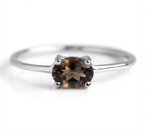 Rhaya Jewels Elegant Rhodium Plated 925 Sterling Silver Oval Cut Smoky Quartz Prong Setting <b>Dainty</b> Band Trendy Women's <b>Ring</b> - Product Image 1