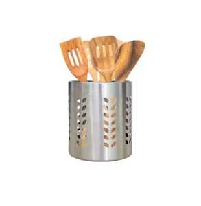 Support à ustensiles en acier inoxydable perforé à motif feuille, égouttoir à couverts rond pour comptoir, organisateur d'outils de cuisine - Product Image 1