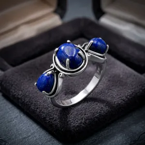 Gourik Women's <b>Lapis</b> <b>Lazuli</b> 925 Sterling Silver Statement <b>Ring</b> Handmade Vintage Three Stone Wedding Setting Jewelry - Product Image 5