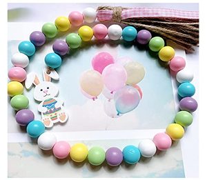 Guirlande de perles en bois avec pompons, étiquette lapin et œuf, style rustique campagnard, perles en bois de printemps, décoration suspendue bohème pour la maison - Product Image 3