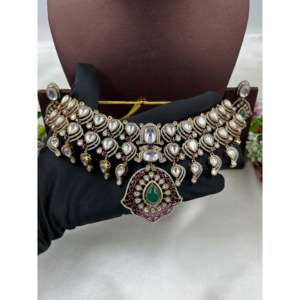 Indian Ethnic Gold Plated Premium Moissanite Choker Necklace and Earring Bridal Wedding Jewelry Set - Product Image 3
