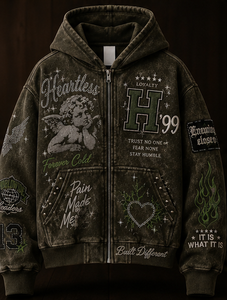 Sweat à capuche streetwear de luxe pour homme, broderie, patchs, strass et imprimés, sweat à capuche zippé surdimensionné en molleton lavé - Product Image 2