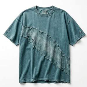 T-shirts déchirés à bords effilochés en coton épais, coupe oversize, style streetwear décontracté pour hommes - Product Image 1