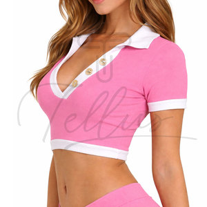 Top Corto de Último Diseño para Mujer, Uso en Exteriores, Color Sólido, Cuello en V, Manga Corta, Transpirable, Cómodo, Informal, Verano, Poliéster/Algodón - Product Image 5