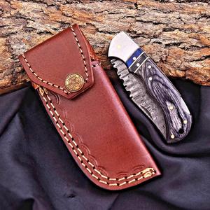 Cuchillo Plegable de Acero de Damasco con Patrón de Escalera, Bloqueo Trasero, Mango de Madera Pakka, Funda, Cuchillo EDC de Bolsillo para Camping, OEM, Venta Caliente - Product Image 6