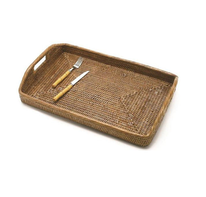 Handmade Rattan Woven Serving Storage Tray With Handles For Coffee Snacks Breakfast Cane Organizer Tray <b>Basket</b> For Tableware - Product Image 4