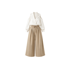 <b>White</b> Women's Long Two-<b>Piece</b> <b>Set</b> V-Neck Jumpsuit with Brown Belt and Side Stripes Loose Fit Full-Length Women Spring/Summer <b>Set</b> - Product Image 4