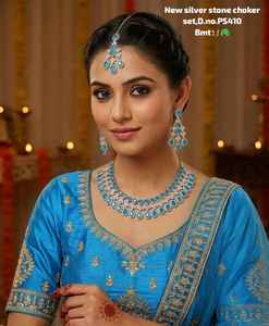 Parure de bijoux de mariée plaqué argent avec perles, comprenant collier ras-du-cou, boucles d'oreilles et Maang Tikka, ethnique, fait main, haute qualité, dernière collection pour mariage et fête - Product Image 1