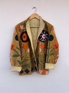 Chaqueta Bomber Azul Suzani de Terciopelo, Tejida, Acolchada, Transpirable, Hecha a Mano, Bordada con Letras, Estilo Bohemio, Étnica, para Festivales, Lana/Nailon - Product Image 3