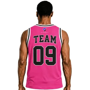 เสื้อบาสเก็ตบอลสีชมพูแบบกำหนดเองสำหรับผู้ชาย คอวี แขนกุด พิมพ์ลายแบบ Sublimation ระบายอากาศได้ดี ซับเหงื่อ 100% โพลีเอสเตอร์ ผ้าตาข่ายสำหรับนักกีฬา - Product Image 2