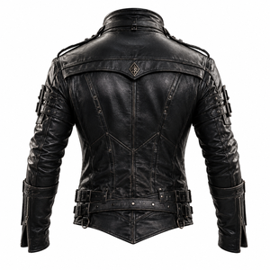 Veste de moto en cuir véritable pour hommes, col montant, fermeture éclair, coupe-vent, avec ceinture et poches, coupe ajustée - Product Image 2
