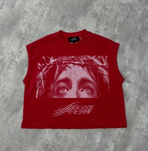 เสื้อกล้ามพิมพ์ลายกราฟิกดีไซน์ใหม่สำหรับผู้ชาย ทรงสตรีทแวร์ ขอบเสื้อแบบดิสเทรส ตัดเย็บทรงบ็อกซี่ - Product Image 1