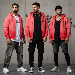 Sudaderas con Capucha y Cremallera con Logotipo Serigrafiado Efecto Desgastado, Personalizadas con Pedrería, de Alta Calidad, con Hombros Caídos, para Hombre - Product Image 1