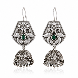 Dernier design de boucles d'oreilles Jhumka ethniques Bollywood plaquées argent antique, serties de pierres, pendantes, faites à la main, bijoux de fête pour femmes - Product Image 2