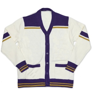 Cardigan en tricot blanc et violet pour femme, col en V, manches longues, fermeture boutonnée, style preppy, color block, 100 % acrylique - Product Image 1