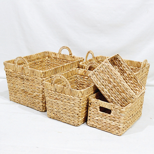 Handwoven Wicker Storage <b>Baskets</b> Rectangle Shape Rustic Style Stackable <b>Plant</b> Fiber Clothing Organizer <b>for</b> Laundry Room 4 Pack - Product Image 1