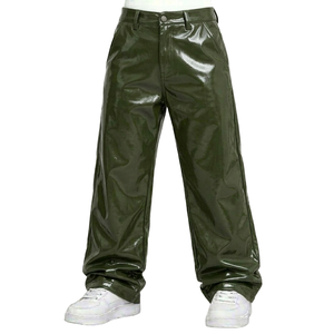 European American high-street style <b>PU</b> blue pleated layered straight slim-fit lightweight casual leather pants men's baggy pants - Product Image 5