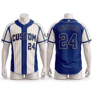 Maillot de baseball personnalisé pour homme, rayé bleu, blanc et or, 24 boutons, sublimé, anti-humidité, coupe classique, vêtements de sport pour adulte - Product Image 1